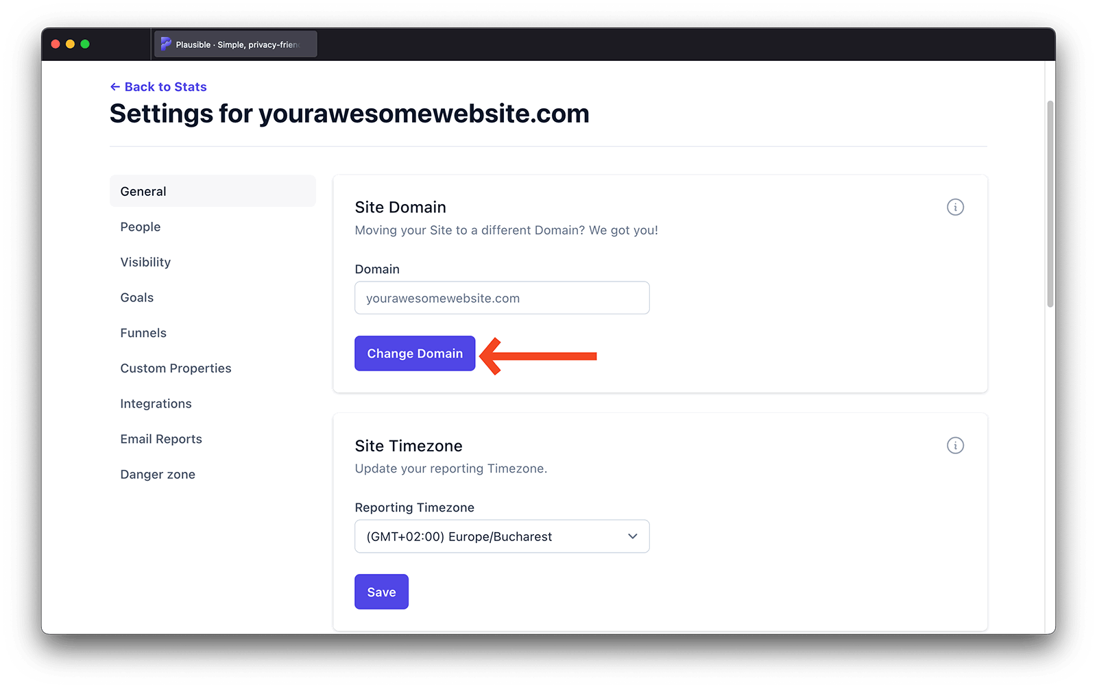 Change domain name in Plausible