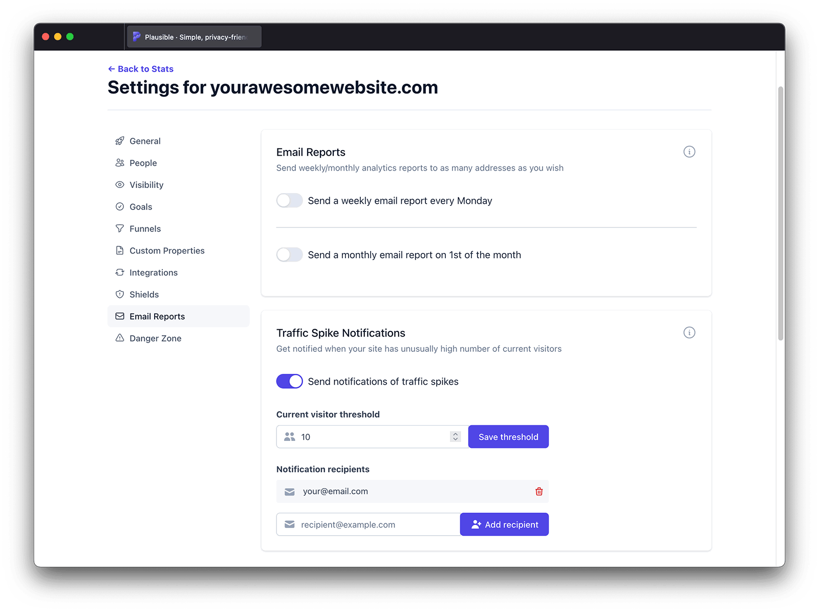 Get traffic spike notifications to your Slack channel email address